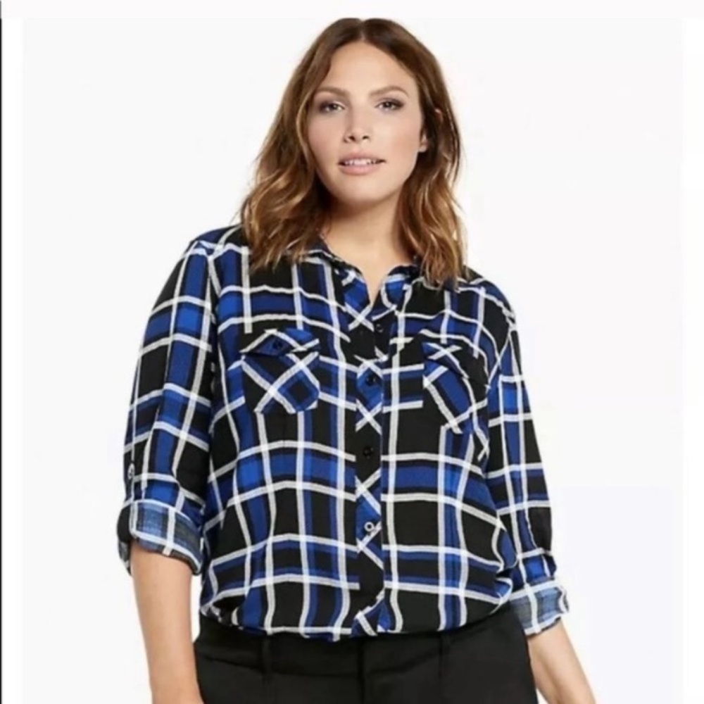 Torrid Blue Plaid Challis Camp Button Down Shirt Roll Tab Sleeve 3 3X 22 / 24